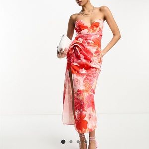 Pink Strapless Floral MIDI Dress